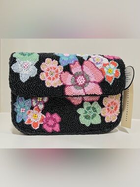Studio 12 Boho-Chic Handcrafted Handbag with Colorful Seed  Forming Flowers NWT